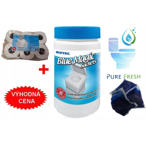STARTOVACÍ BALÍČEK WC sáčky Blue Magic Aut Sachets PURE FRESH v dóze 20ks+Toaletní papír ROYAL SOFT pro chemické WC, bal. 6ks