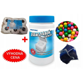STARTOVACÍ BALÍČEK WC sáčky Blue Magic Aut Sachets BUBBLE GUM v dóze 20ks+Toaletní papír ROYAL SOFT pro chemické WC, bal. 6ks