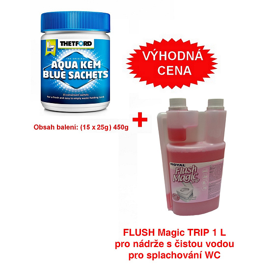 Thetford Aqua Kem Blue Sachets v dóze 15ks  + FLUSH Magic TRIP 1L CENOVĚ VÝHODNÁ SADA